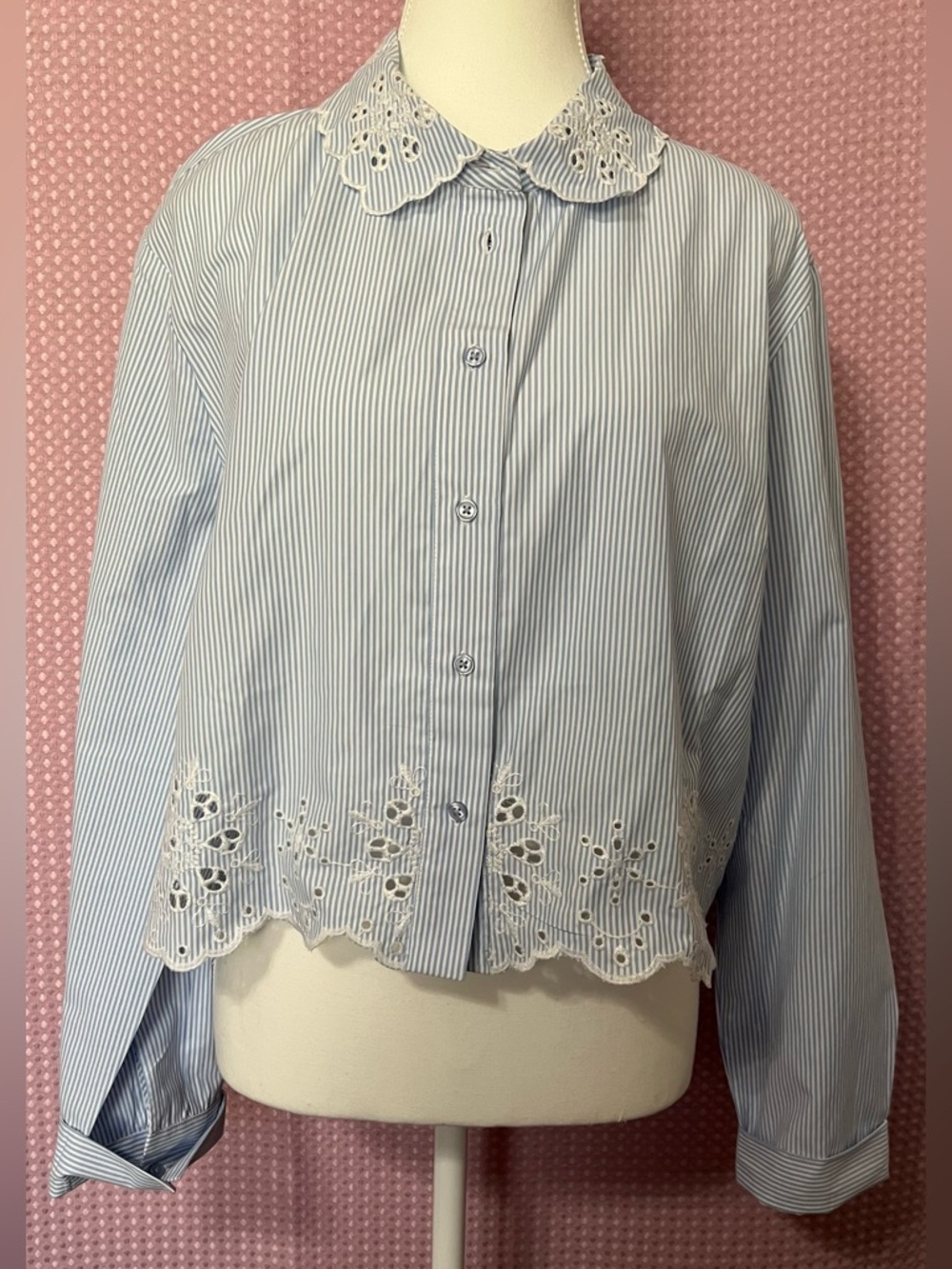 Habitual Light Blue Pinstripe Button-Down with White Eyelet Hem